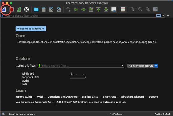 Screenshot showing how to start a Wireshark capture using the shark fin button in the upper left